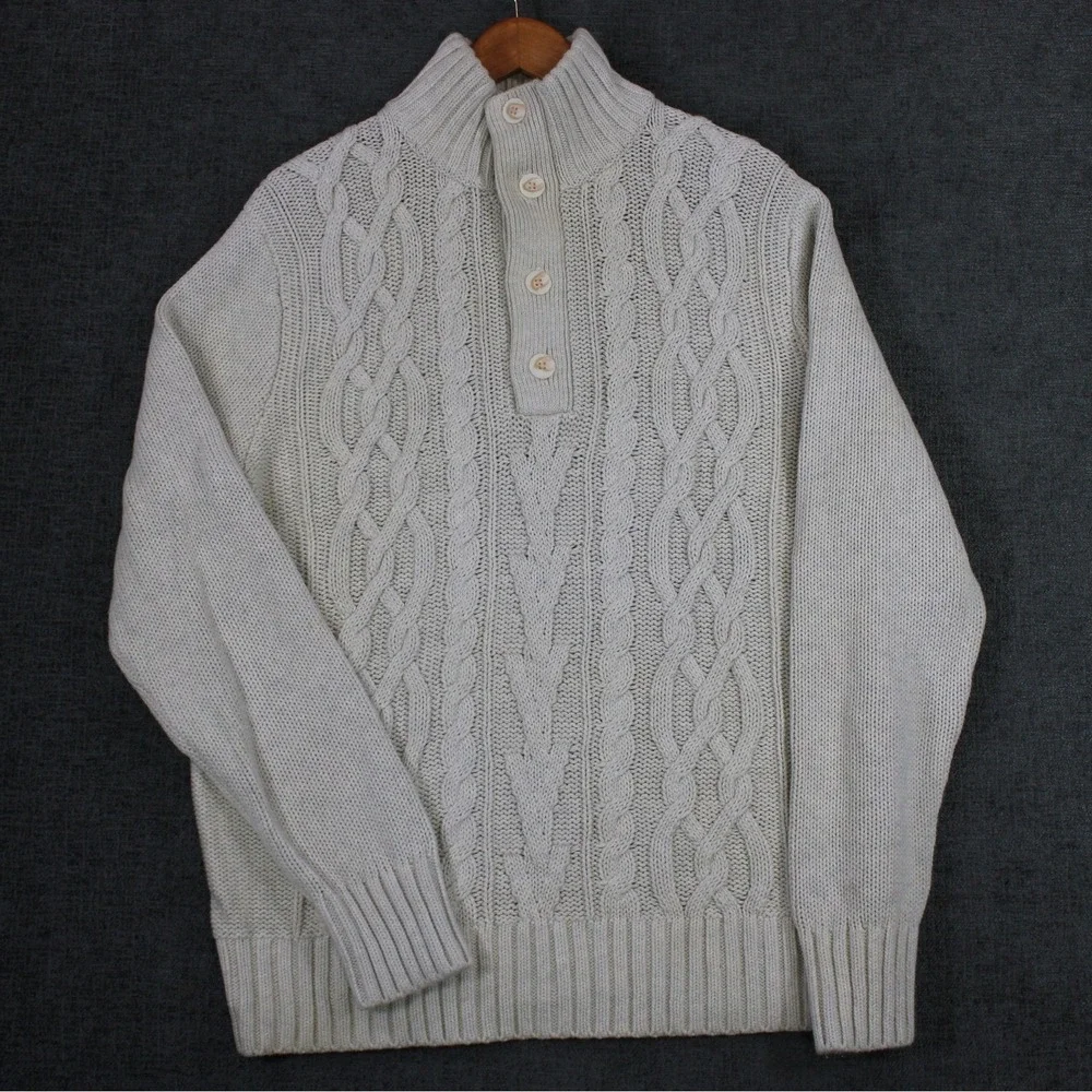 Banana Republic Mens Large Cream Cable Knit Cotton Mock Neck Button Sweater